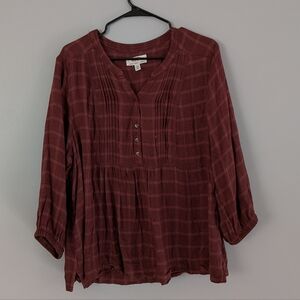 Wrangler Women's Burgundy Plaid Pintuck Peasant Top Size‎ XL